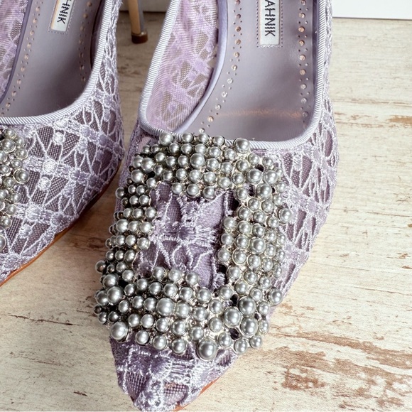 Manolo Blahnik Hangisi Size 38 Lace 70MM Pumps Heels Lilac Periwinkle $1245 New - Picture 6 of 15